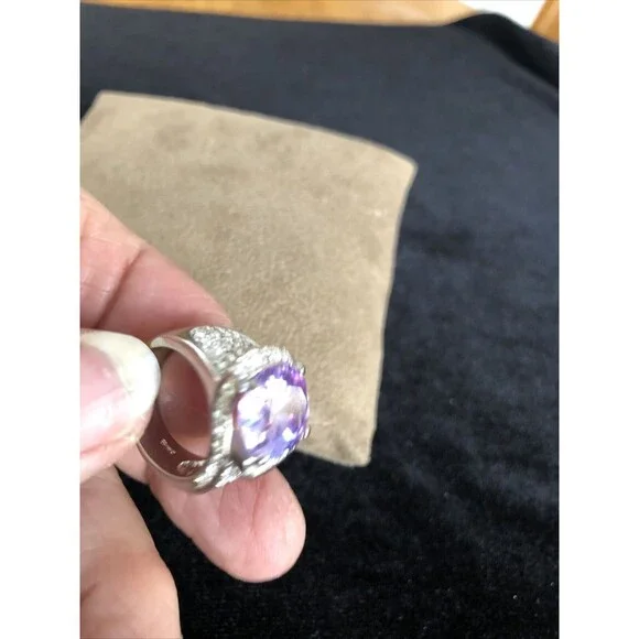 Clear crystal Rhinestone and Amethyst Silver Tone Cocktail Ring Size 5.5 Costume
